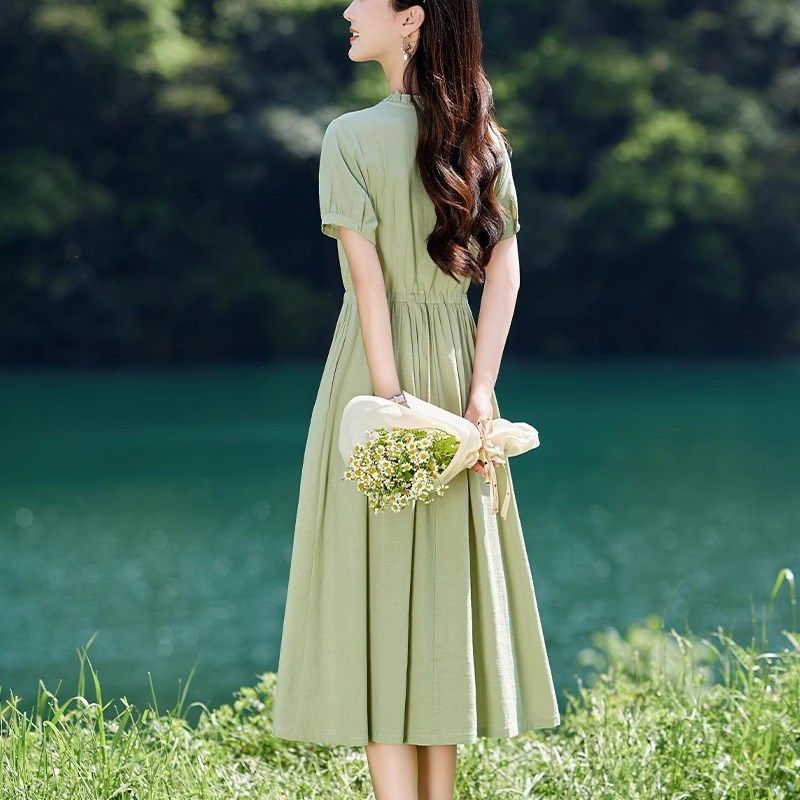 棉麻连衣裙女夏季2024年新款收腰显瘦气质减龄妈妈高级感纯色裙子,淘宝优惠券,粉丝福利购,淘宝优惠卷