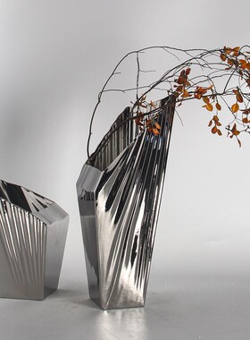 家居现代极简几何电镀银陶瓷花瓶摆件样板间客厅餐桌白色花器装饰