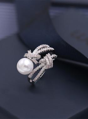 时尚绳结珍珠戒指女生微镶锆石食指指环2021新款个性气质开口戒指