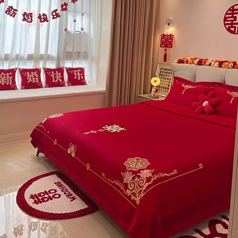 中式婚庆四件套大红色新婚床单被套结婚床上用品婚房陪嫁喜被,淘宝优惠券,粉丝福利购,淘宝优惠卷