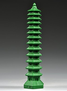 绿色木雕刻13层文昌塔摆件木头文昌塔十三层家居客厅办公室装饰品
