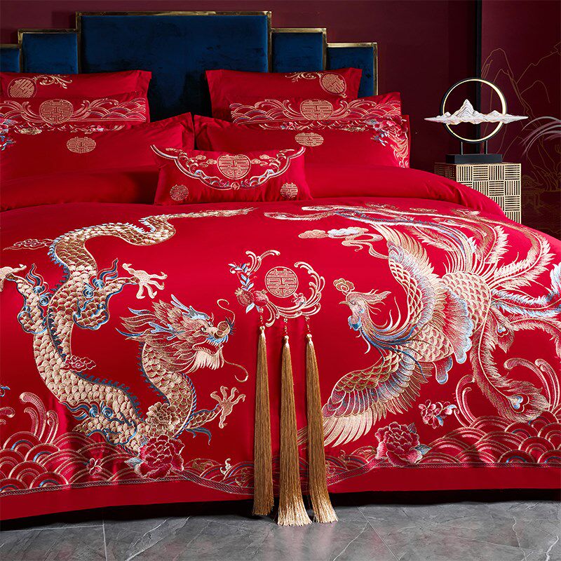 中式100支长绒棉婚庆四件套大红色龙凤刺绣结婚床上用品4,淘宝优惠券,粉丝福利购,淘宝优惠卷