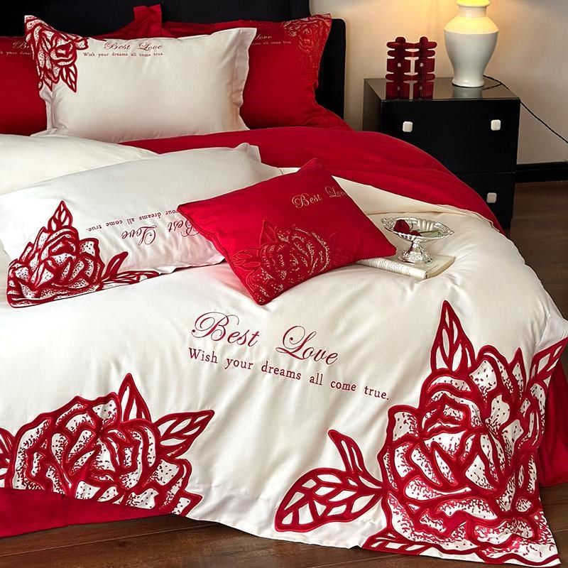 新疆长绒棉结婚庆玫瑰四件套喜庆酒红色被套陪嫁少女床品,淘宝优惠券,粉丝福利购,淘宝优惠卷