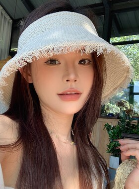 白色毛边编织空顶帽女2025年春新款海边大帽檐草帽遮阳太阳帽子潮