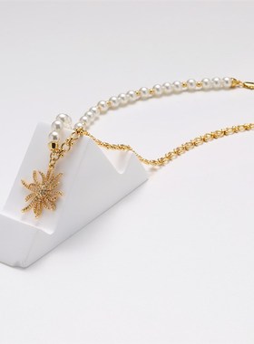 欧美时尚太阳项链j女黄铜镀金珍珠拼接个性时尚高级感锁骨链颈链