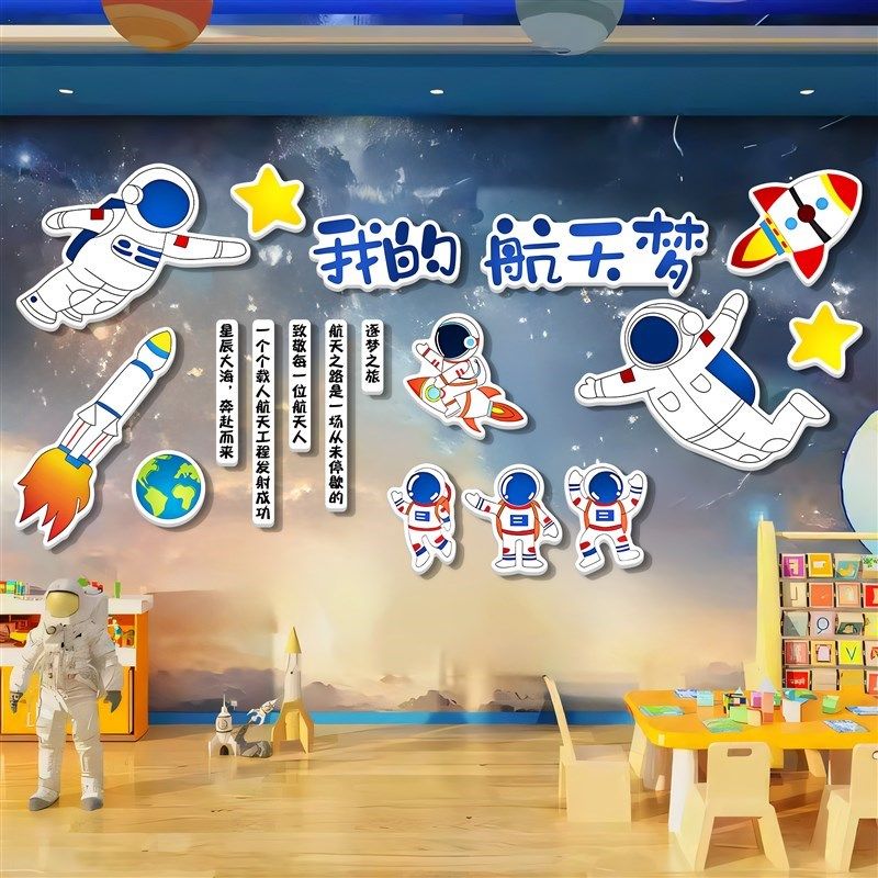 科技主题文化墙壁纸贴纸墙贴画A太空航天环创科学教室场景布置装,淘宝优惠券,粉丝福利购,淘宝优惠卷