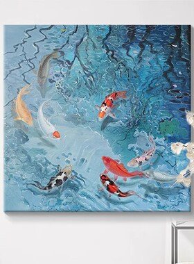 聚财九鱼图蓝色年年有余餐厅卧室锦鲤客厅装饰画新中式玄关壁挂画