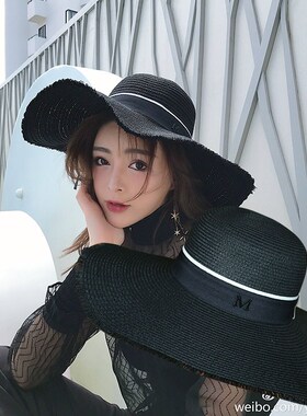 夏季新款黑色M牌圆顶大檐草帽海边度假大沿帽沙滩帽遮阳帽女