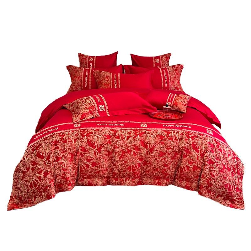 浮雕刺绣结婚四件套婚庆大红色全棉被套新婚喜被床单被套,淘宝优惠券,粉丝福利购,淘宝优惠卷