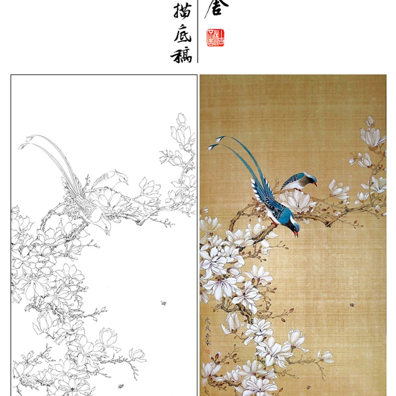 工笔画印物底稿玉兰楚彦春复古风花鸟实描K打白稿尺寸可选CY10 - 图0