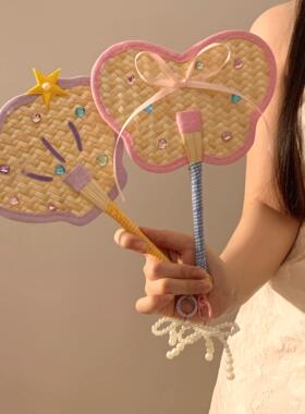 可爱手工编织小蒲扇子女夏天2026新款便携随身手摇扇拍照道具扇子