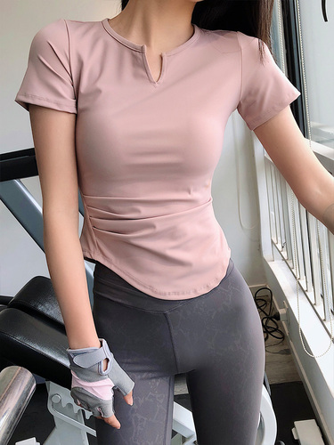 annerun紧身运动上衣女V领短款性感修身健身服网红速干衣瑜伽T恤