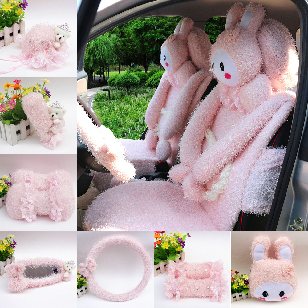 Love Cute Cartoon Rabbit Plush Winter Car Accessories Kit Love Cute Cartoon Rabbit Plush Winter Car Accessories Kit Rearview Mirror Cover Handbrake Armrest Gears Sets