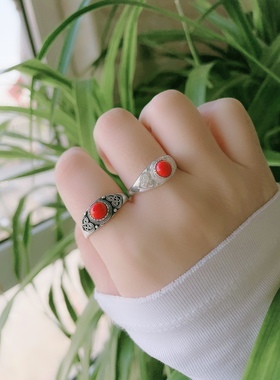 蒙古桃心花边玛瑙松石银饰戒指