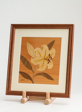 日本手作实木镶嵌客厅花卉装饰画