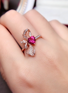 925银天然粉色托帕石戒指红色爱心蝴蝶结戒指