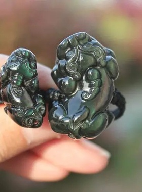 天然冰种黑曜石手编绳貔貅戒指