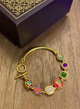 古法金弯管半镯半链烧蓝七彩多宝复古手链手镯