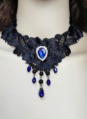 欧美蕾丝水晶镶钻黑色流苏脖链