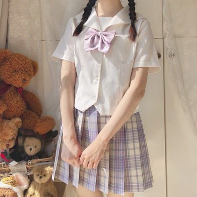 日系白无本关西襟jk制服短袖衬衫百褶格裙水手服学生校服夏季套装 虎窝淘