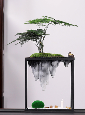 新中式客厅绿植盆栽摆件办公室桌面文竹植物盆景假山酒柜装饰摆设