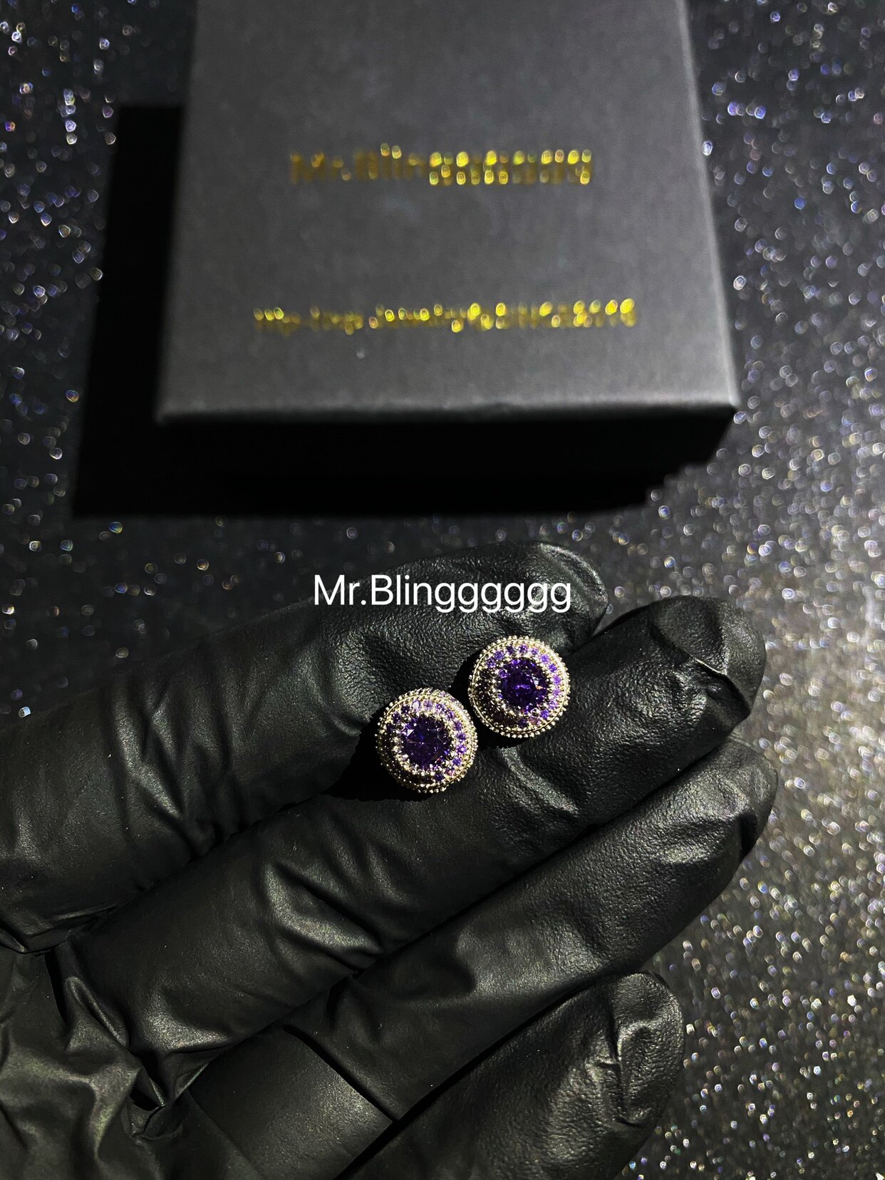 Mr.Blingggggg European and American hip-hop jewelry full diamond purple custom mixed inlaid purple diamond group earrings