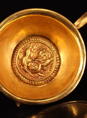 古玩收藏珍藏老纯铜纯手工打造鎏金三足酒碗 酒杯一个