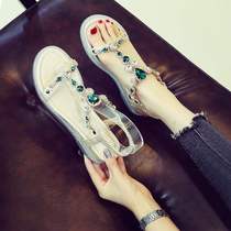 Fairy Wind Water Drilling Fashion Sandals Women 2023 New Summer Low Heels Casual Lady Flat Bottom Slopes Heel Beach Shoes