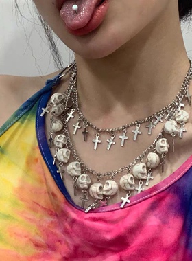 辣妹骷髅头暗黑朋克风双层毛衣链