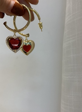 复古桃心爱心红宝石女ins耳环