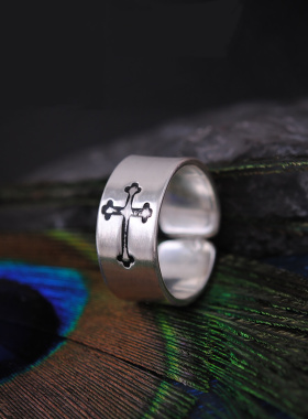 开口足银简约古法十字架饰品戒指