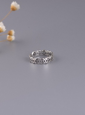 海盗船长s925纯银戒指 复古民族风招财钱币铜钱 钱串子银指环女