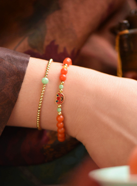 最后1条-觉人原创天然保山南红手串24K黄金珐琅彩翡翠手链[怡悦]G