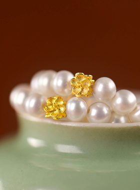 觉人淡水珍珠黄金小花弹力戒圈