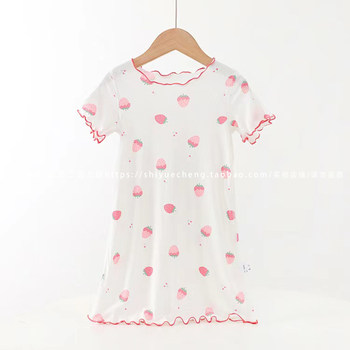 Modal ເດັກນ້ອຍ 50% Bamboo Fiber Summer Cool Cotton Silk Dress Stretch Short Sleeve Nightgown Home Clothes Skirt