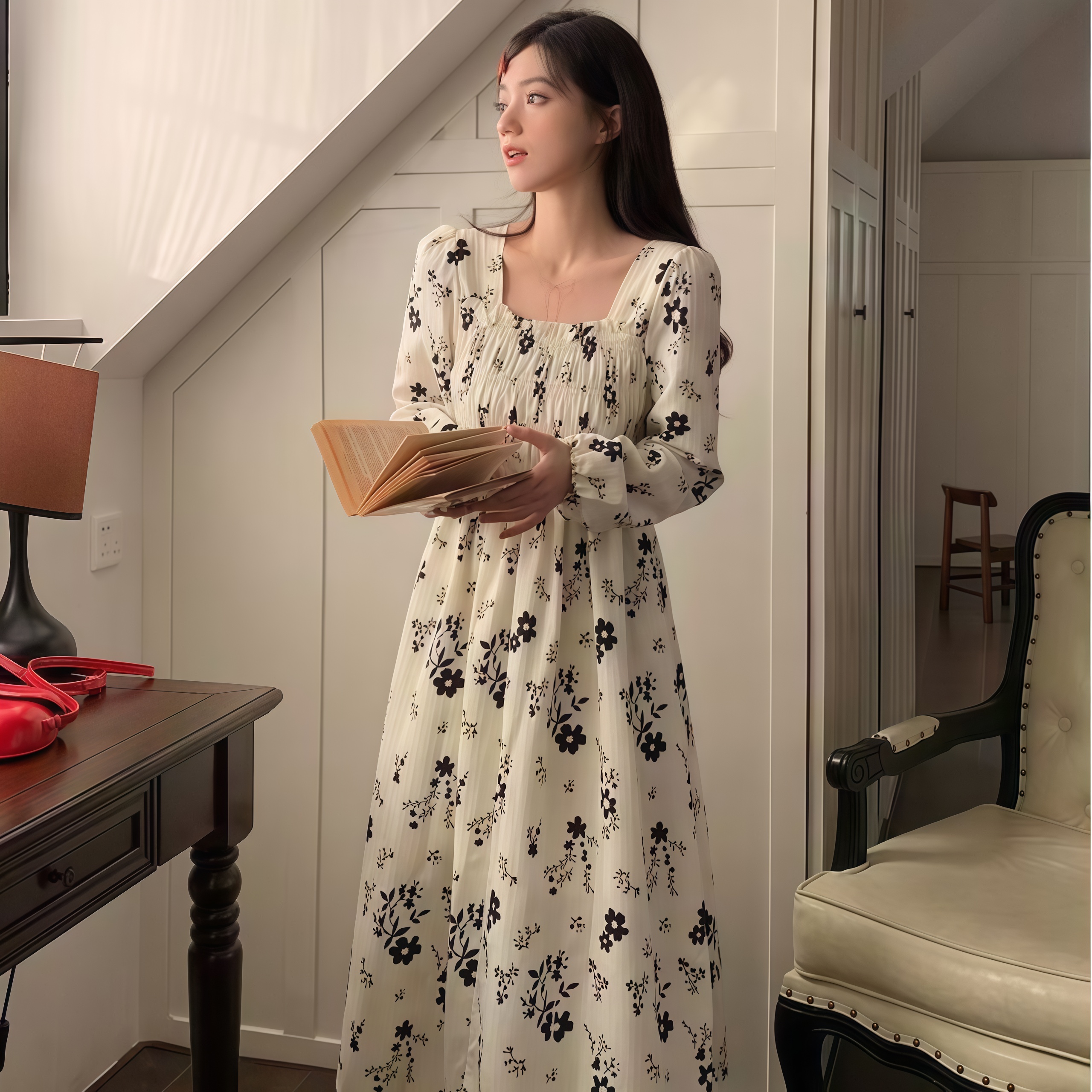 BX赫本风小黑裙女春季复古领长款过膝黑色英伦风连衣裙中长裙