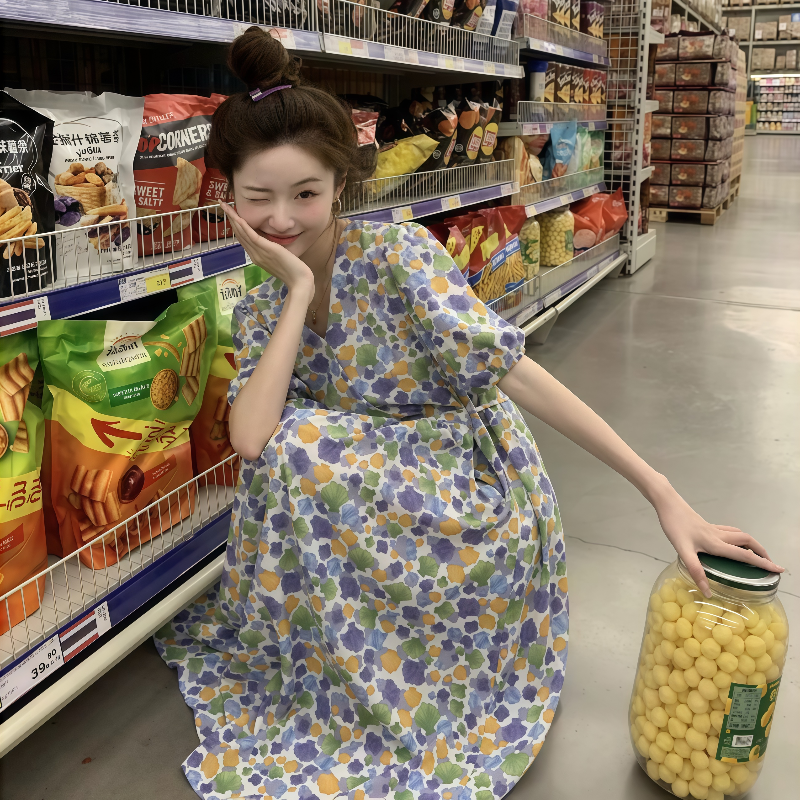 CC新款法式碎花吊带长裙子收腰显瘦度假风沙中长款开叉连衣裙