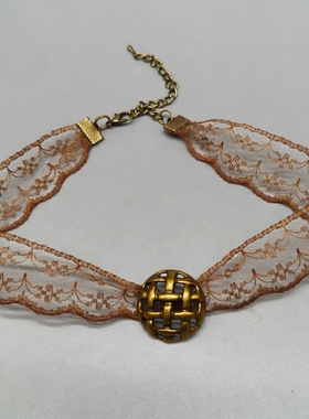 复古风美拉德棕纽扣蕾丝项圈choker脖子饰品女短款少女锁骨链