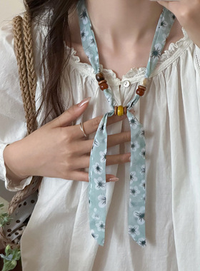 夏天韩系文艺小碎花串珠细丝巾女小众时尚高级感系脖项链拍照装饰