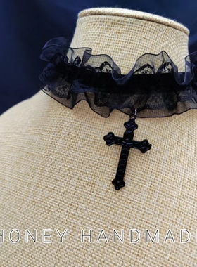 暗黑系哥特洛丽塔甜酷黑色蕾丝朋克十字架女锁骨链颈带项圈choker