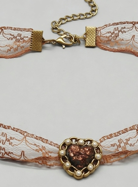 咖色复古美拉德风choker颈链女珍珠爱心吊坠蕾丝短款少女心锁骨链