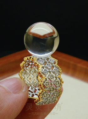 S925银镀金白水晶开口中古戒指