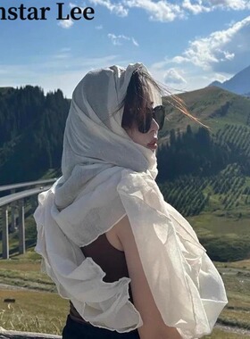 Monstar Lee米白色围巾女茶卡盐湖沙漠旅游拍照丝巾复古防晒纱巾