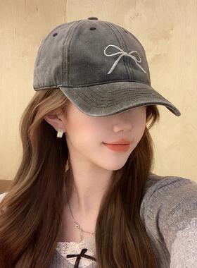 Monstar Lee复古灰色鸭舌帽子女夏蝴蝶结刺绣水洗做旧宽檐棒球帽
