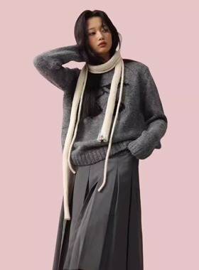 羊毛单色双绳长款细窄围巾女辣妹高级感百搭装饰针织法棍毛绒围脖