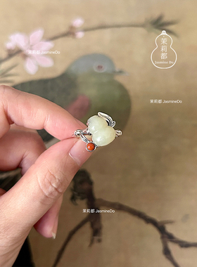 和田玉大葫芦 竹节戒圈 南红点缀通体s925银复古做旧国风活口戒指