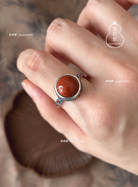 茉莉都【南景】通体s925银南红玛瑙民族风中式精巧小众活口戒指