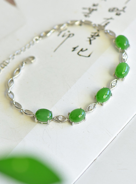 和田玉碧玉手链女款925银镶菠菜绿碧玉手链玉石送妈妈女友礼物