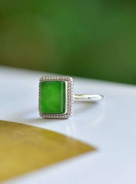 天然和田玉碧玉方糖戒指925银镶碧玉方形戒指可调节送女友礼物