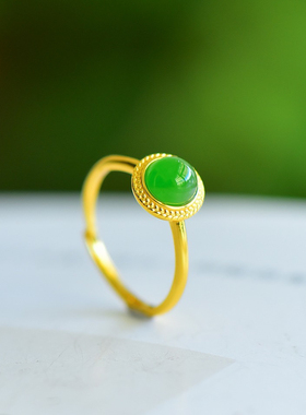 和田玉碧玉半圆戒指S925银镶圆形开口戒指小巧精致款闺蜜款送女友